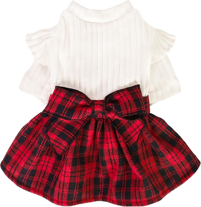 Fitwarm Knitted Plaid Sweater Dress, Christmas Outfit, Winter Clothes for Small Dogs & Cats, White & Red, Medium