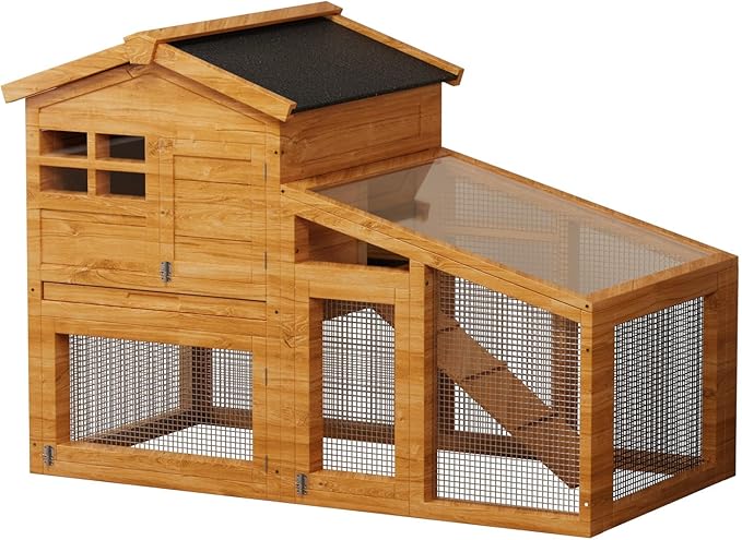 GarveeLife Rabbit Cage, Outdoor Weatherproof Bunny House Wooden, Indoor Bunny Cage with Run, Rabbit Hutch with Removable Tray, Grid Fences, Ramp 53.15" L x 23.62W 37.8" H Wood Color