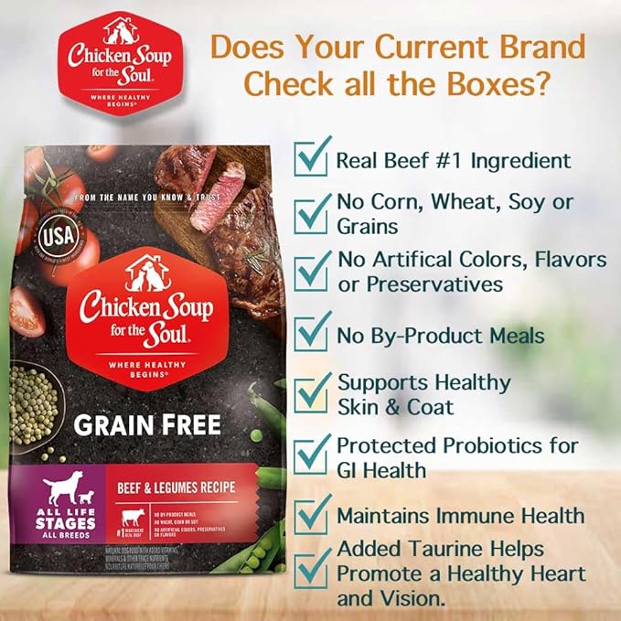 Chicken Soup for the Soul All Natural Premium Grain-Free All Life Stage Dry Dog Food, Real Meat First Ingredient, No By-Products, Added Taurine Supports Heart Health, Beef & Legumes, 22lb