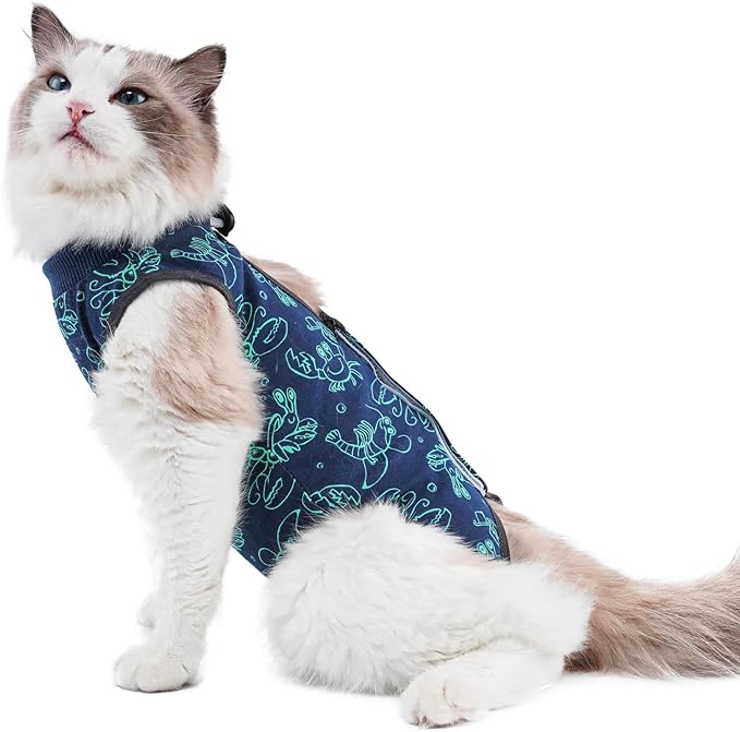 kzrfojy Cat Surgery Recovery Suit Onesie for Cats After Surgery for Surgical Abdominal Wound Or Skin Diseases E-Collar Alternative Wear Neutering Bodysuit Wear (Dark-Blue-M)