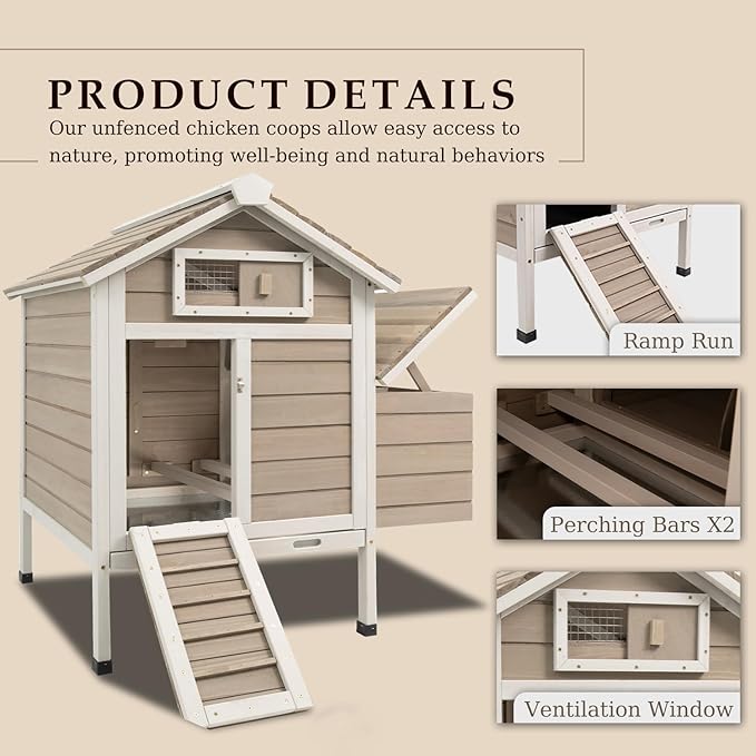 Ketive Chicken Coop Chicken House Outdoor with Removable Trays, Wooden Rabbit Hutch Poultry Cage with Nesting Box, Indoor Hen House Chicken Cage with Ramp for Garden Backyard (32"L x 23.6"W x 36.6"H)