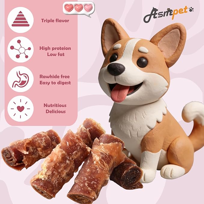 ASMPET Rawhide Free Dog Treats, Triple Flavor Chicken Wrapped Duck and Beef Rolls, Healthy Dog Snacks