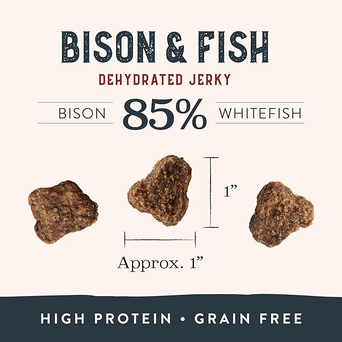 Health Extension Bison & Fish Dehydrated Jerky Dog Treats – 4 oz – Protein-Rich, Grain-Free, Made in USA – Limited Ingredients for Sensitive Dogs & Training Rewards