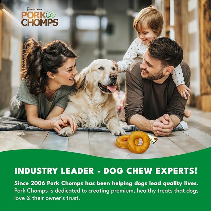 Pork Chomps Roasted Pork Skin Dog Chews, 3 Inch Donuts, Real Chicken, 2 Count, Pack of 1 - Long-Lasting Treats for Dogs - High Protein, Rawhide-Free, Low Fat, Healthy & Delicious Chews