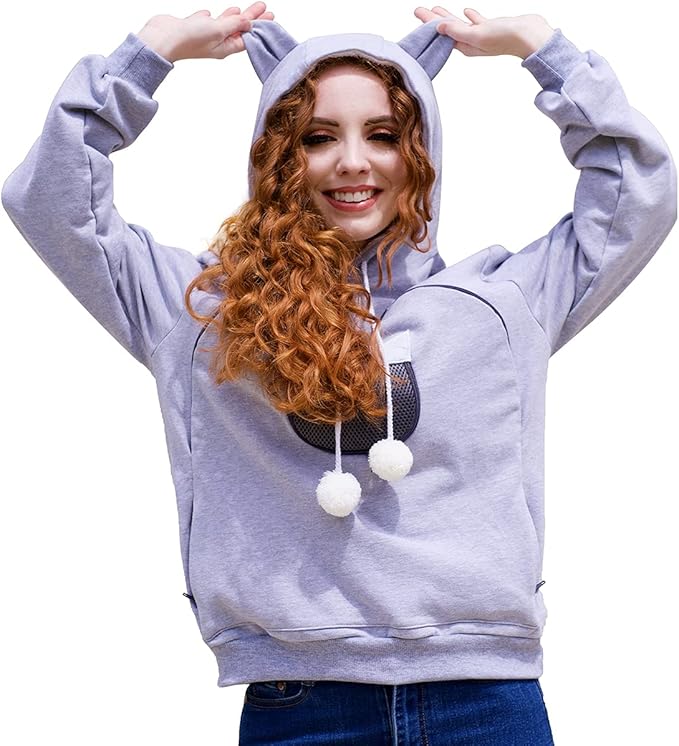 ALYC Unisex Hoodies Pet Holder Cat Dog Large Pouch Carriers Pullover with Cat Printing Sweatshirt (Light Grey-S)