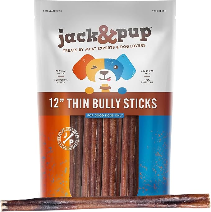 Jack&Pup 12 Inch Thin Bully Sticks for Small Dogs (5 Pack) Natural Dog Chews, Bully Sticks for Puppies, Senior Dogs