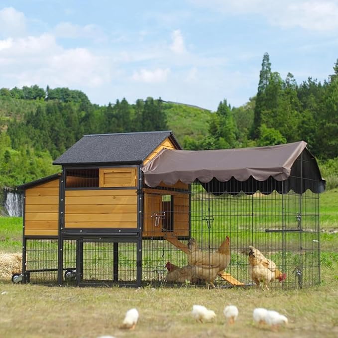Chicken Coop All-Iron Frame Large Hen House Mobile Poultry Cage with Nesting Box,Metal Run,Waterproof Rain Cover Duck Coop, 85"