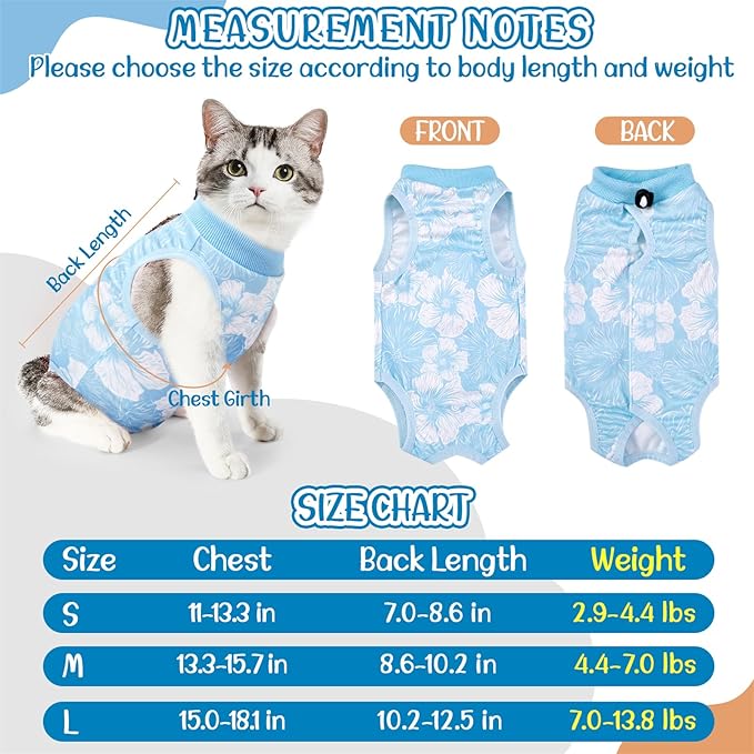 SlowTon Cat Recovery Suit - Cat Onesie for Cats After Surgery Female Male, Kitten Clothes Cats Surgical Spay Suit Abdominal Wounds, E-Collar Alternative Bodysuit Shirt Anti-Licking (Blue Flower,S)