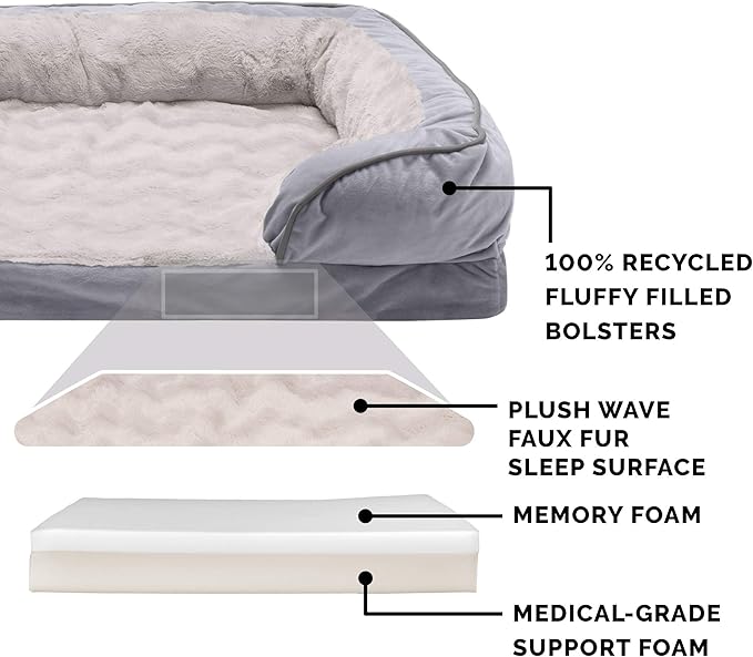 Furhaven Memory Foam Dog Bed for Large Dogs w/ Removable Bolsters & Washable Cover, For Dogs Up to 125 lbs - Plush & Velvet Waves Perfect Comfort Sofa - Granite Gray, Jumbo Plus/XXL