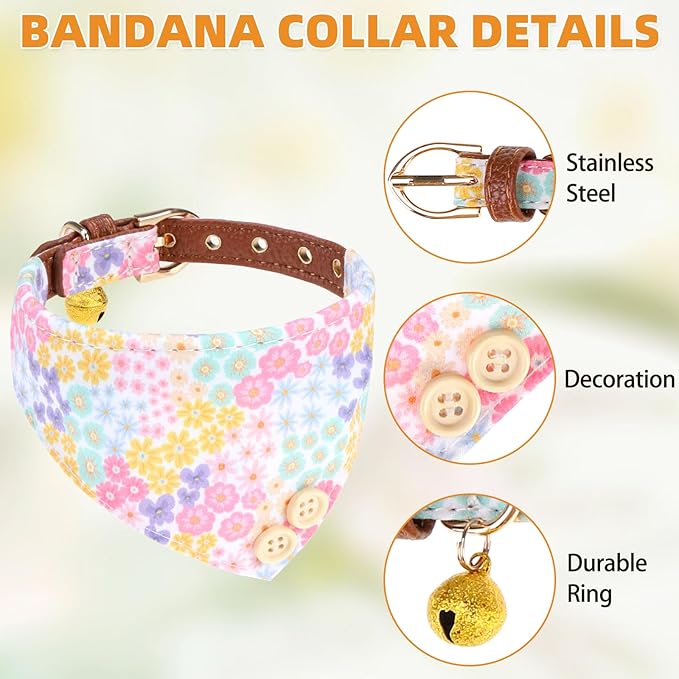KOOLTAIL Spring Dog Collar and Leash Set with Bowtie and Bells - Cute Fancy Puppy Collar and Leash for Boy or Girl with Flower Pattern, Soft Leather Tangle Free Leashes for Small Dogs,Cats