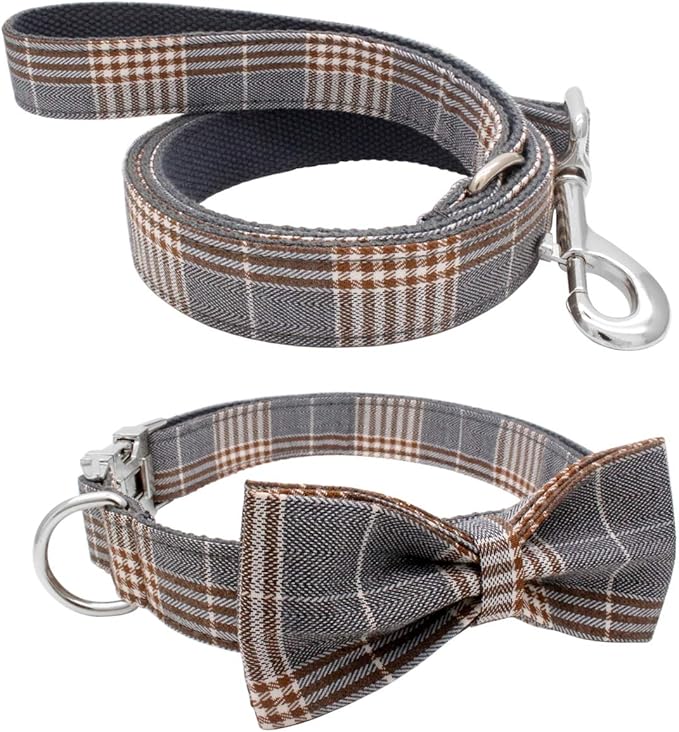 YOY Soft Comfortable Adjustable Pet Collar with Bowtie, Heavy Duty Dog Collar and Leash Set for Small Medium Large Dogs Cats, Puppy Grooming Doggy Accessories, Length 14" - 20"