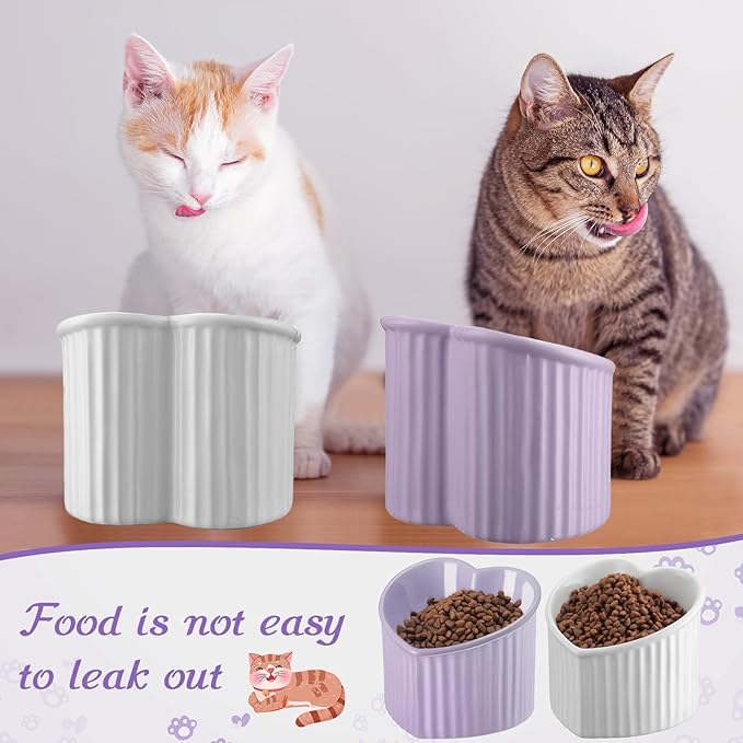 Mumufy 2 Pcs Ceramic Elevated Cat Bowls Tilted Elevated Raised Pet Bowls Anti Vomit Cat Dish for Indoor Stress Free Water Dish Feeder for Puppies, Heart Shaped(White, Purple)