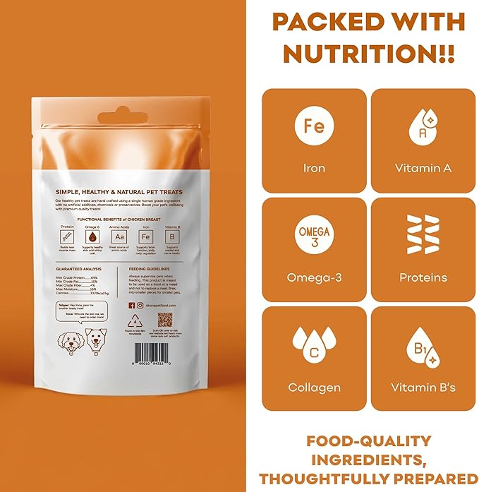 Skona PetFood Premium Chewy Dehydrated Chicken Breast Jerky for Dogs & Cats, 1 lb of Chicken Breast Dehydrated to 4 oz, Single Ingredient High Protein Training Treat, Supports Digestion & Liver Health