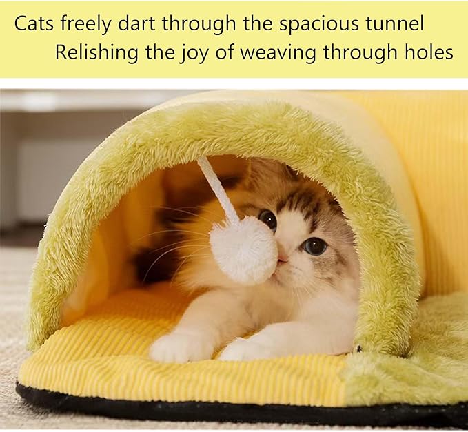 Rabbit Tunnel Bed with Removable Plush Mat - Soft Hideout & Play Tube for Bunnies, Guinea Pigs, Chinchillas, Cats, Bunny-Cozy Small Pet Toy, Grey (Yellow, XLarge-27"x27"x1")