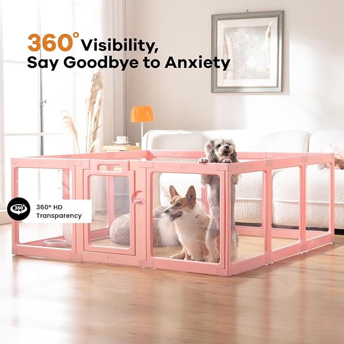 Clear Acrylic Dog Playpen Indoor, Puppy Cat Small Pet Play Pen, Pet Cat Playpen for Rabbits, Dog Fence Crate Kennel Whelping Cage (Pink, 12 Panel)