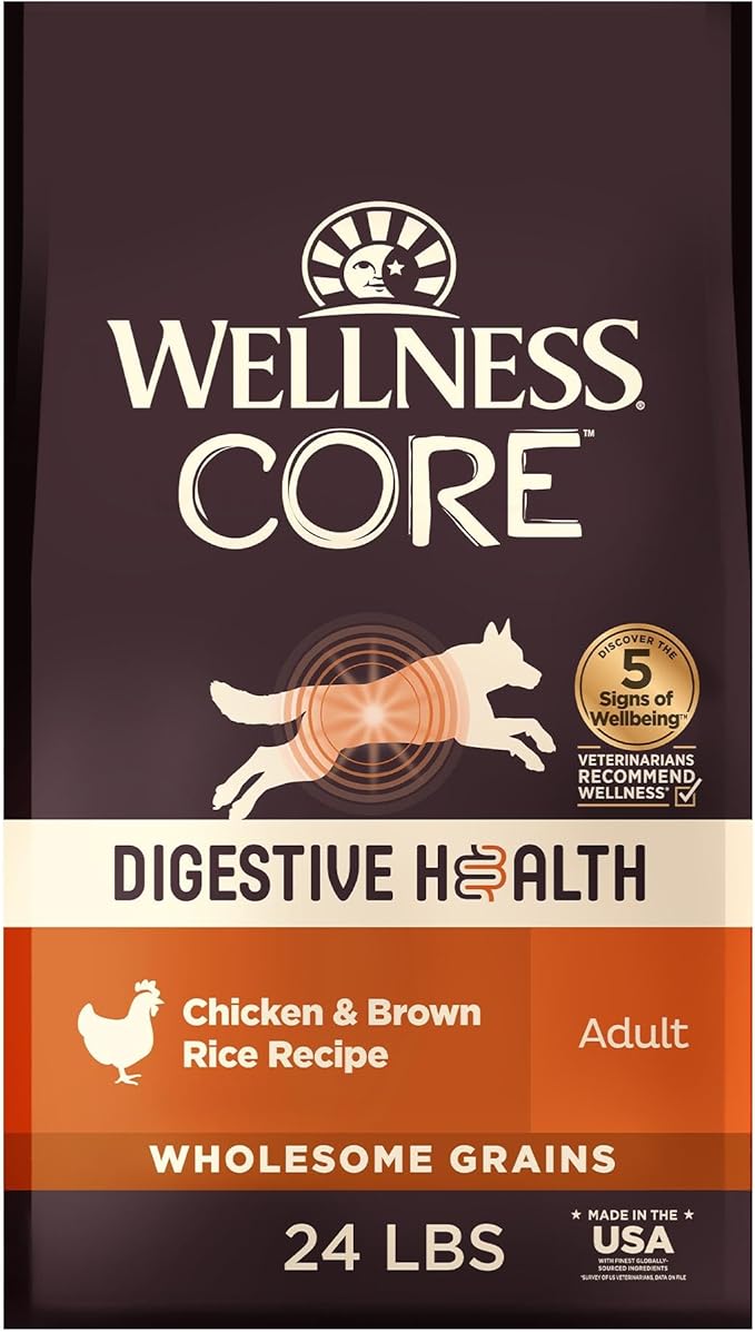 Wellness CORE Digestive Health Dry Dog Food, Wholesome Grains, Natural, Recipe for Dogs with Sensitive Stomachs, Chicken, (24-Pound Bag)