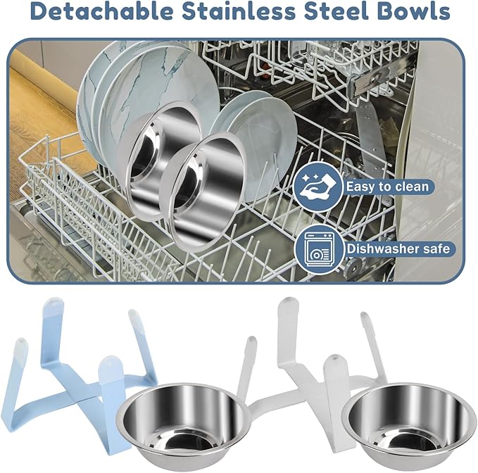 2 Pack Raised Cat Bowls Holder with Non-Slip Mat Stainless Steel Cat Feeder Elevated Pet Water Food Bowls for Cats Puppies Rabbits (White & Blue)