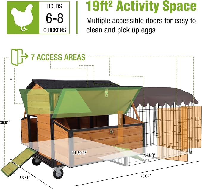 GUTINNEEN Large Metal Frame Chicken Coop for 6–8 Chickens, Solid Fir Wood Hen House with Reinforced Nesting Boxes, Oversized Wheels, Weatherproof Roof & Predator-Proof Run, 76.7" L x 53.8" W x 36.8" H