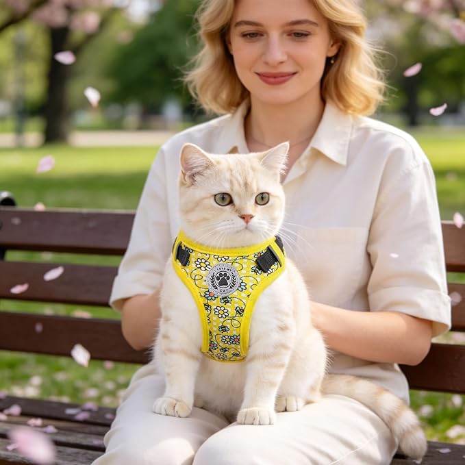 BEAUTYZOO Cat Harness, Escape Proof Cat Leash and Harness Set for Walking, Soft Breathable Vest Harness with Safety Neck Adjustable, Reflective Easy-Control Kitten Harness for Cats (Bee Design)