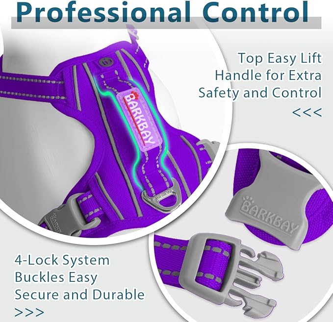 BARKBAY Dog Harness No Pull Oxford with ID Tag Pocket - Heavy Duty, Reflective, Easy Control for Large Dogs(Purple Oxford,L)