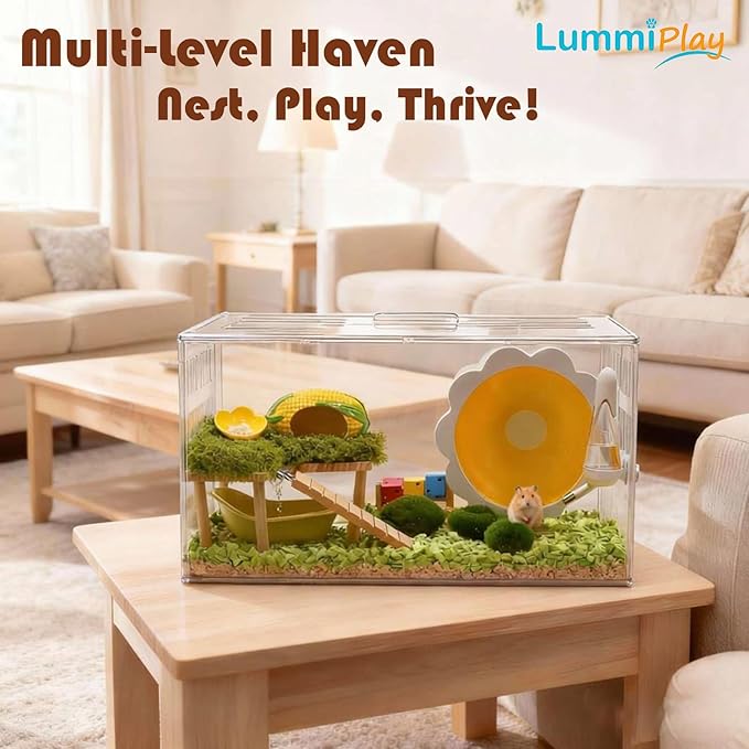 Large Clear Hamster Cage, 23.6 x 13.8 x 12.2 Inches, Transparent Pet Habitat with Ventilation and openable Top Cover, All-in-1