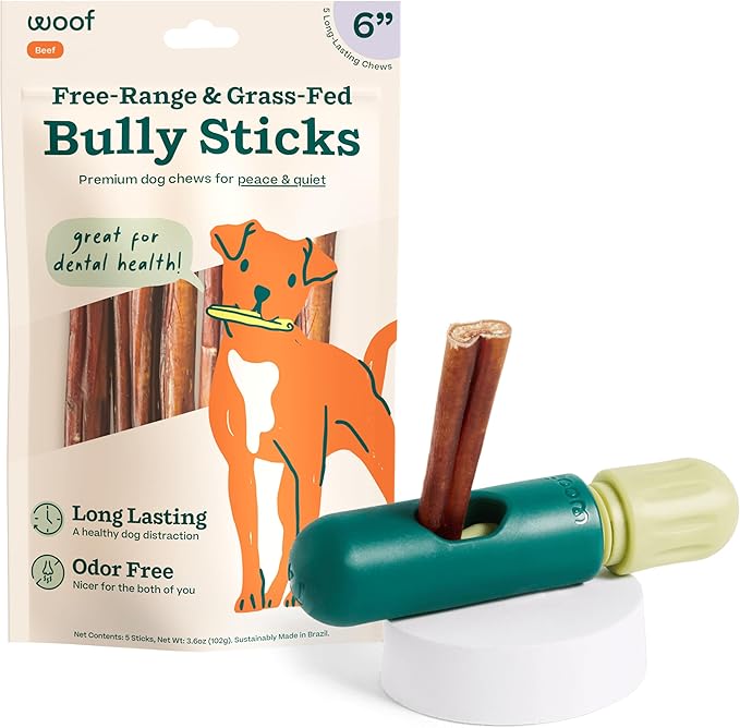 WOOF BullySafe and Bully Sticks - Nutritious Chew Sticks for Dogs and Bully Stick Holder for Safe, Long-Lasting Play - No More Swallowed Ends - 6" Sticks - 5 Pack