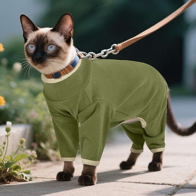 DENTRUN Cat Clothes for Hair Control with Hair Sticky Fabric - Soft Recovery Suit & Breathable Lint-Resistant Cat Sweater for Cats Only, Kitten Onesie Pajamas, L, Army Green