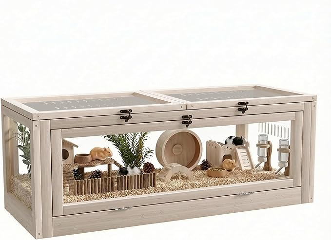 Wooden Hamster Cage with Small House and Bridge, Small Animal Habitat with Lockable Design, Openable Top and Front Doors for Gerbil, Guinea Pig, Rat, 38" L x 16" W x 16" H, Natural Wood Color