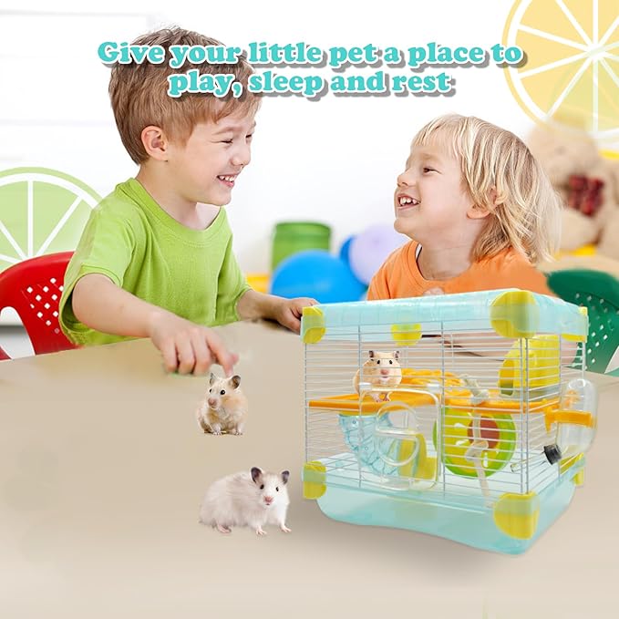2 Layers Hamster Cage with Tubes Mouse Cage with Accessories Water Bottle Food Dish Transparent Hamster Habitat with Exercise Wheel for Hamster Guinea Pig Gerbil (10.9" x 8.1" x 9.8" Blue)