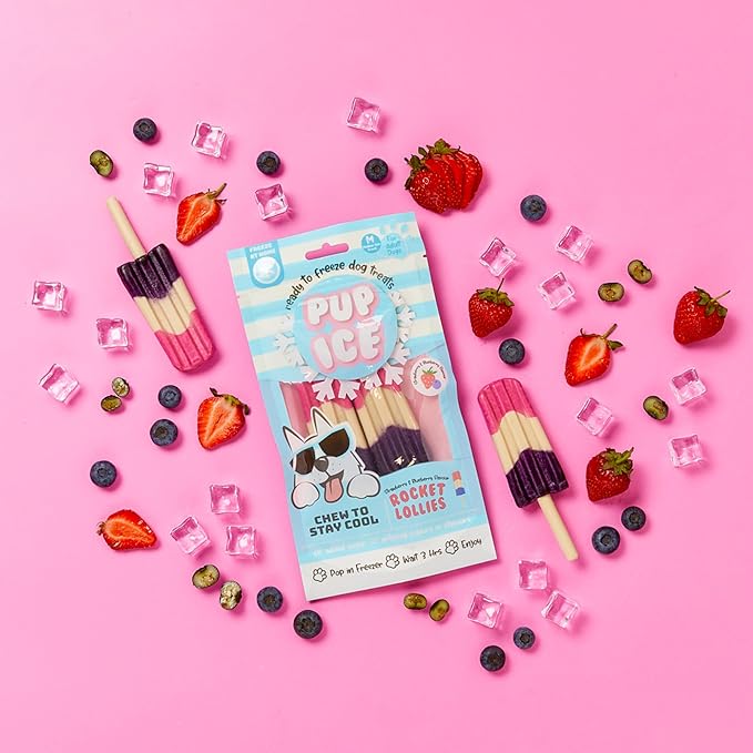 SPOT Pup Ice- Ready to Freeze at Home Dog Treats-Edible Chews for Medium Breed Dogs & Puppies with Real Chicken to Keep Your Pup Cool Year Round, Rocket Lollies Strawberry & Blueberry Flavor, 2pcs