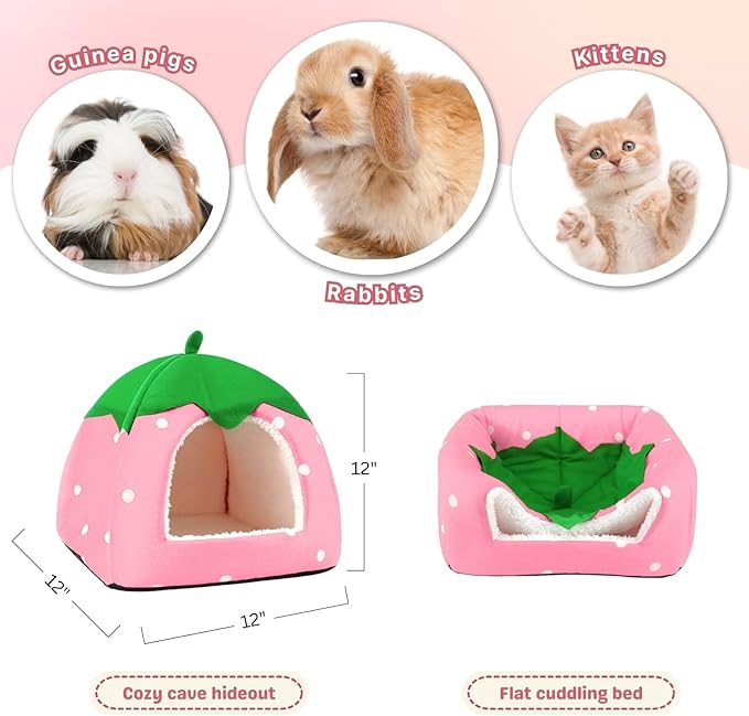 Rabbit Hideout, Washable Bunny Bed with Removable Pee Pad, Plush Indoor Rabbit House, Adorable Strawberry Design Small Animal Hideaway for Guinea Pig, Pink
