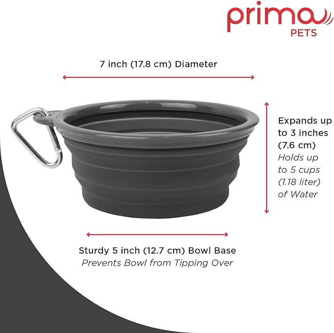 Collapsible Silicone Water Travel Bowl with Clip for Dog and Cat, Portable and Durable Pop-up Feeder for Convenient On-The-go Feeding – Size: Large (5 Cups) Grey – 2 Pack