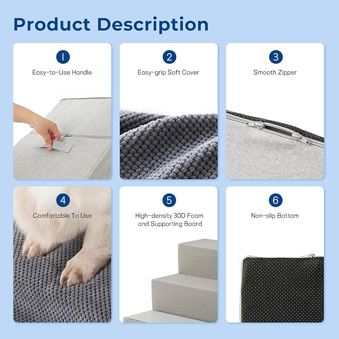 ZOMISIA Dog Stairs for Small Dogs - Pet Stairs 2 in 1 with Zippers Suitable for Couch and Bed, 35D Foam Dog Steps with Non Slip Bottom Grey 4 Steps, Grey