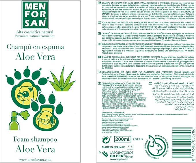 MENFORSAN Foam Shampoo with Aloe Vera for Guinea Pigs, Rodents & Ferrets, activates and vivifies Skin Cells, exerting a deep Soothing, moisturizing Action - 7 fl oz