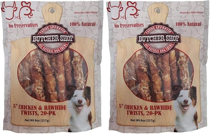 Butcher Shop 5” Chicken & Rawhide Twists Dog Treats (2 Pack - 8 oz per Pack)