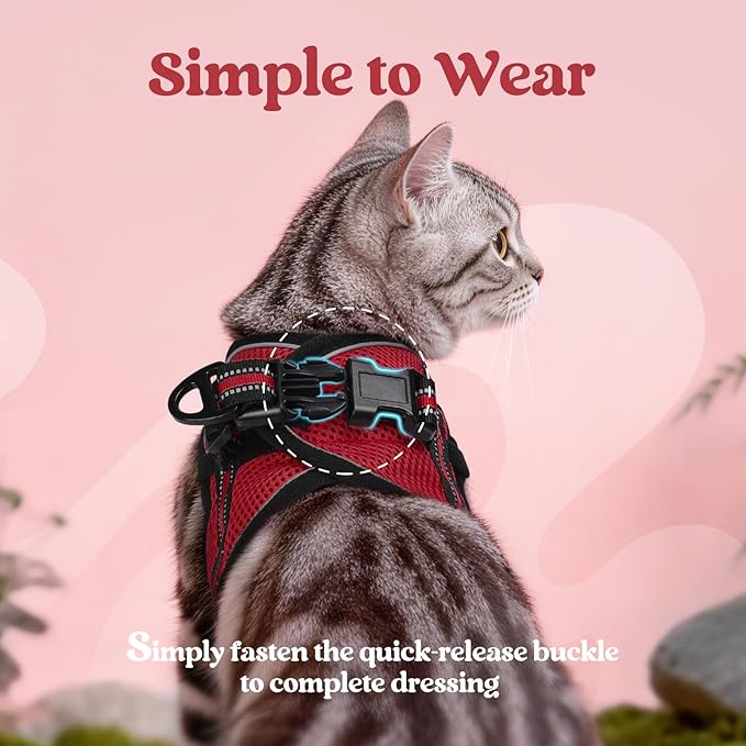 rabbitgoo Cat Harness and Leash Set for Walking Escape Proof, Adjustable Soft Kittens Vest with Reflective Strip for Cats, Comfortable Outdoor Vest, Red, L