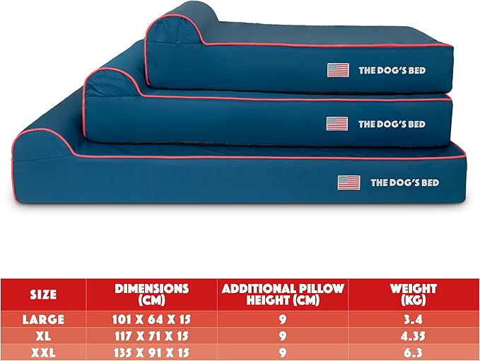 The Dog’s Bed Orthopedic Memory Foam Dog Bed with Headrest, Calming Surface – CertiPUR-Certified Foam, Oxford Fabric, Blue with Red Trim USA Flag, Large, 6-Inch