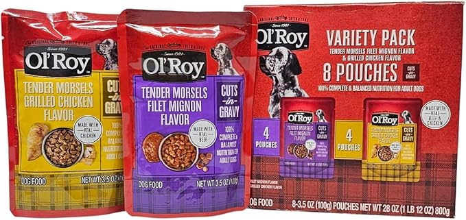 Ol' Roy Wet Dog Food Variety Pack Tender Morsels Filet Mignon and Grilled Chicken, 3.5oz Pouch (8 Count)