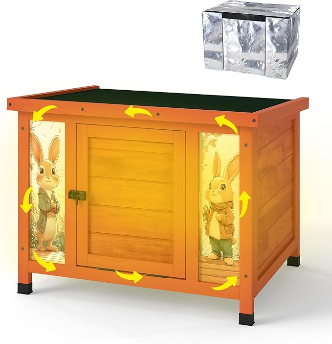 Coziwow 25" Insulated Cat House Bunny Hutch for Outdoor & Indoor Use - Solid Wood Rabbit Cage with Winter Warm Liner, Lightweight Weatherproof Shelter for Cats, Rabbits, Small Animals (Orange)