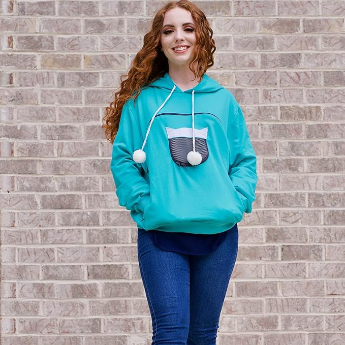 ALYC Unisex Hoodies Pet Holder Cat Dog Large Pouch Carriers Pullover with Cat Printing Sweatshirt (Green-XL)