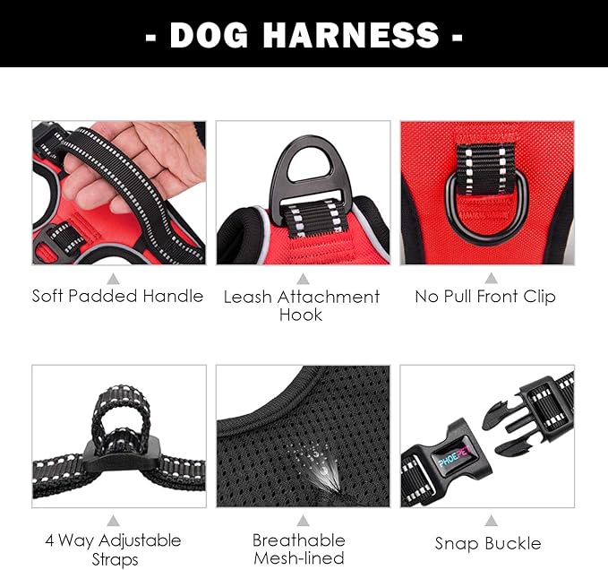 PHOEPET No Pull Dog Harnesses for Small Dogs Reflective Adjustable Front Clip Vest with Handle 2 Metal Rings 3 Buckles [Easy to Put on & Take Off](XS, Red)