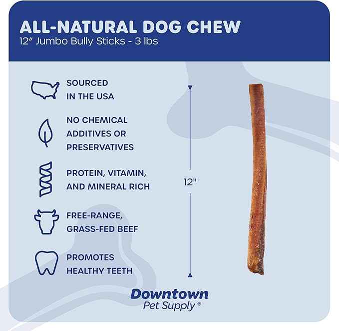 Downtown Pet Supply USA-Made 12", 3 Lb. Jumbo Bully Sticks for Large Dogs - Rawhide Free Dog Chews Long Lasting and Non-Splintering - Single Ingredient, Low Odor Bully Sticks for Medium Dogs