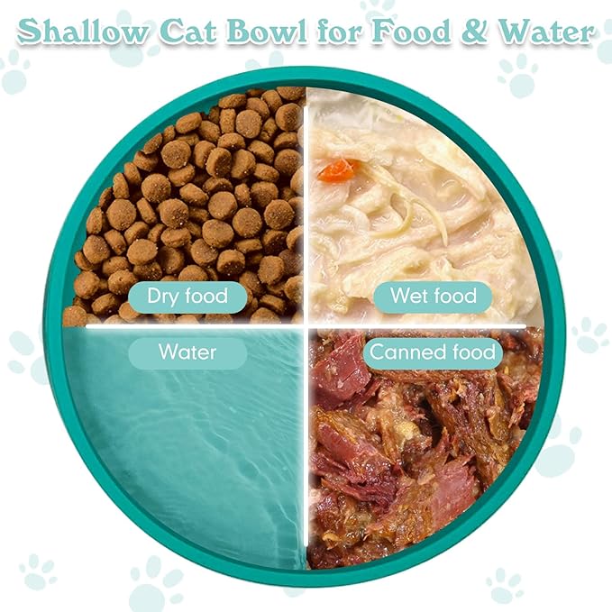 Silicone Cat Food Bowl Shallow Dishes 5.9in Wide Cats Bowls Kitty Plates Relief Whisker Fatigue Puppy Feeding Bowl for Dry Food and Wet Food Indoor (Round Green)