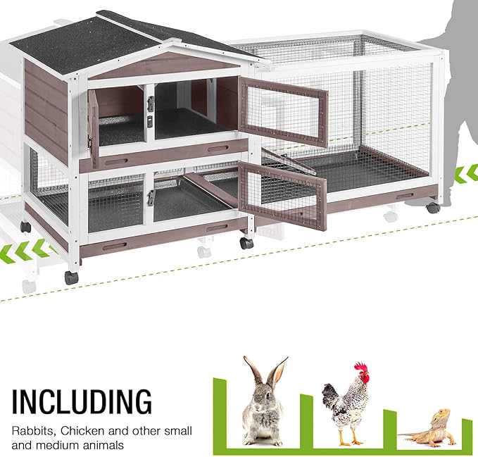 GUTINNEEN Rabbit Hutch with Chew-Proof Ramp, Large Mobile Bunny Cage with 6 Wheels, 2 Story Wooden Cage for Rabbits, Guinea Pigs, and Chickens, Outdoor/Indoor Use, 62" L x 22.6" W x 33.5" H