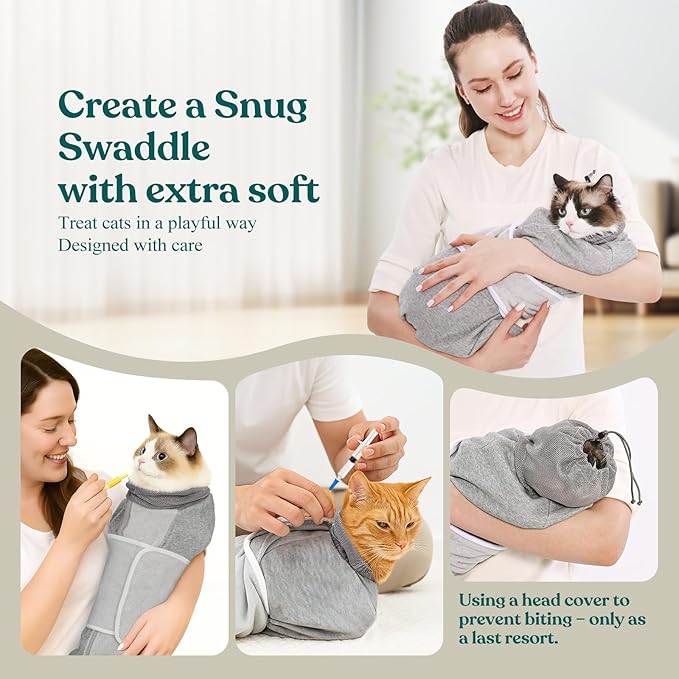 Supet Cat Grooming Wrap for Cutting Nails, Self-Adhesive Anti-Scratch Swaddle with Bite-Proof Mesh Hood & Thick Waist Strap Anti-Escape Bag for Nail Trimming, Medication, Ear Cleaning (Grey L)