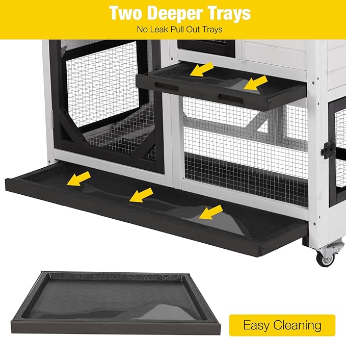 Aivituvin Rabbit Cage Indoor Outdoor Bunny Hutch on Wheels, 2 Story Wood Guinea Pig Cages with 2 Deeper Pull Out Trays (Black & White)