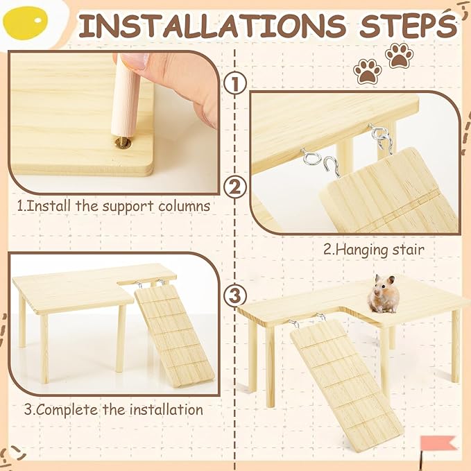 BreezeHug 4 Pcs Hamster Platform Hideout Wooden Tunnel Ladder Playhouse Hamster Game Climbing Toy with Platform Cage Accessories for Small Pets Dwarf Syrian Mice Degus Gerbils Squirrel(Loft)