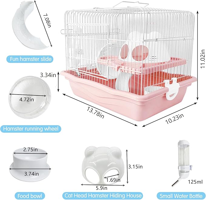 PINVNBY Dwarf Hamster Cage, Small Animal Cages, 2-Tier Travel Portable Mouse Cage Hamster Carrier with Castle House Running Exercise Wheels, Water Bottle and Food Dish（Pink）