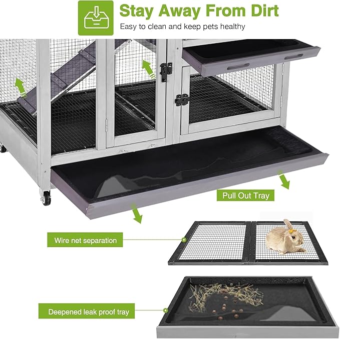 GUTINNEEN 40.6"L 2-Story Rabbit Hutch Indoor & Outdoor Guinea Pig Cage, Wooden Bunny House with Wire Mesh Floor, Leakproof Pull-Out Tray & Heavy-Duty Wheels, Small Animal Enclosure for Patio Backyard