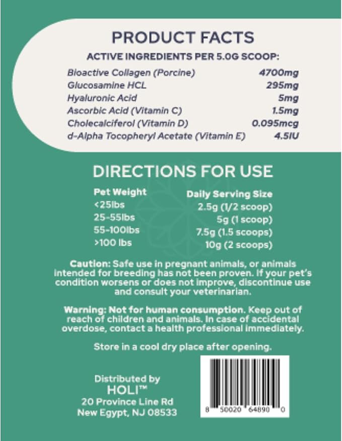 HOLI+ Collagen Supplement for Dogs - Hip and Joint Care Collagen Powder with Glucosamine and Hyaluronic Acid - Easy to Mix Functional Topper